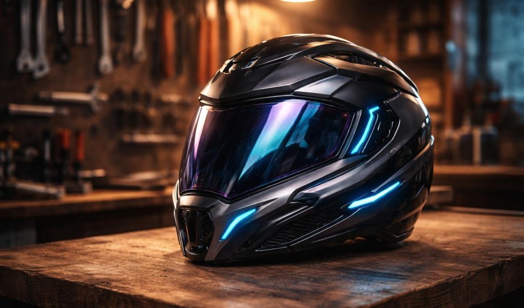 casque-moto-futuriste-table-bois