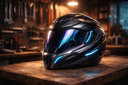 casque-moto-futuriste-table-bois