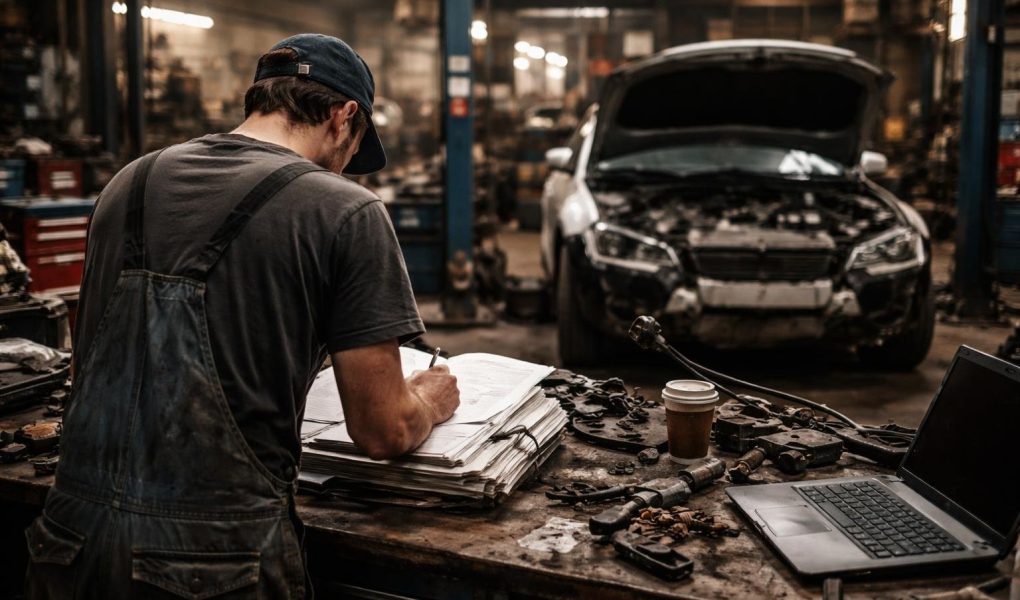 garage-mecanicien-documents-voiture-demontee