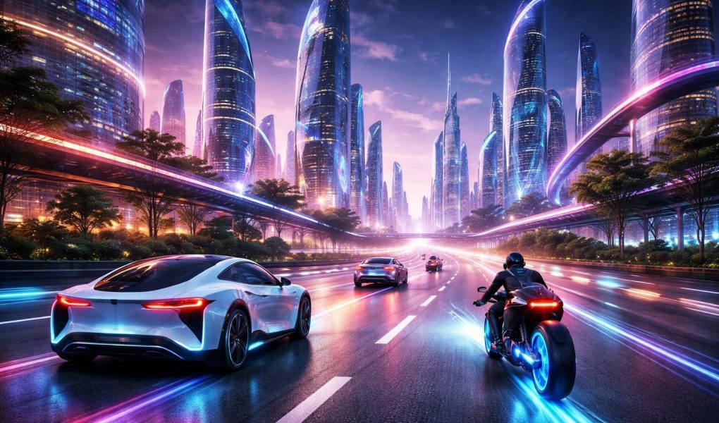 paysage-urbain-futuriste-vehicules-modernes-gratte-ciels