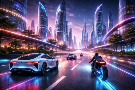 paysage-urbain-futuriste-vehicules-modernes-gratte-ciels